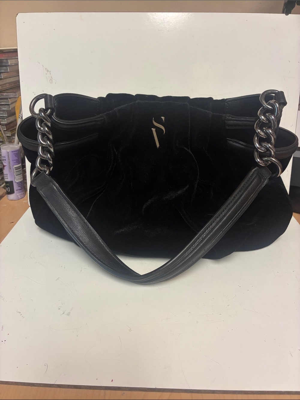 Simply Vera Vera Wang Black Velvet Hobo with Silver Chain Handles